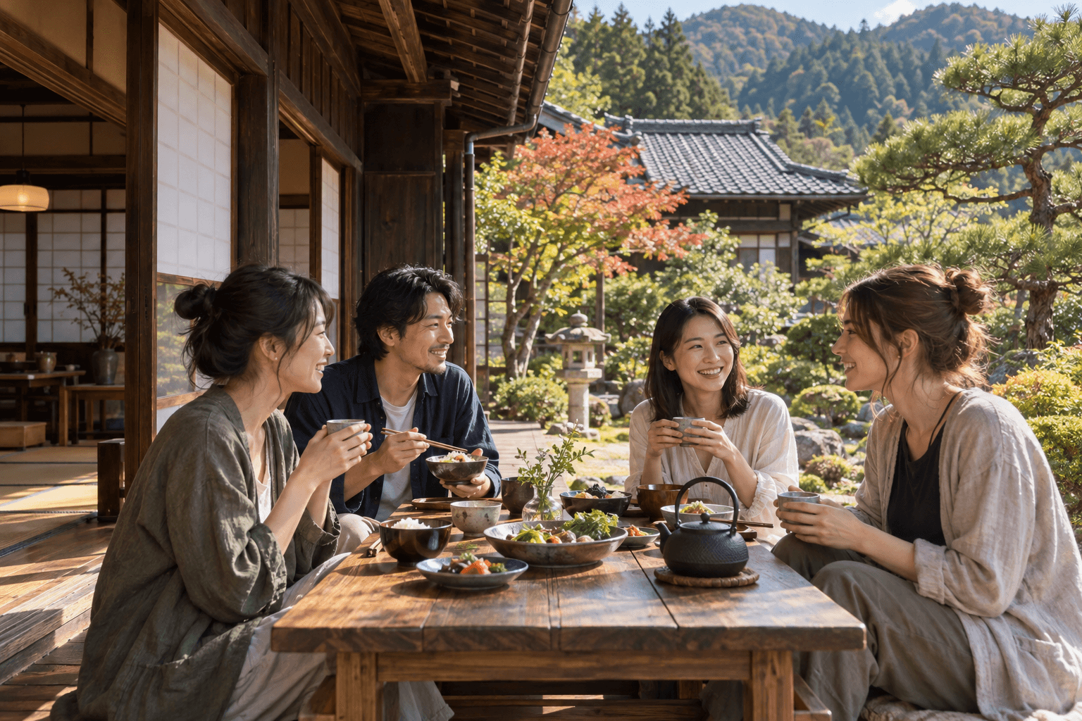 AI scene of travelers sharing a meal in a Japan-inspired courtyard