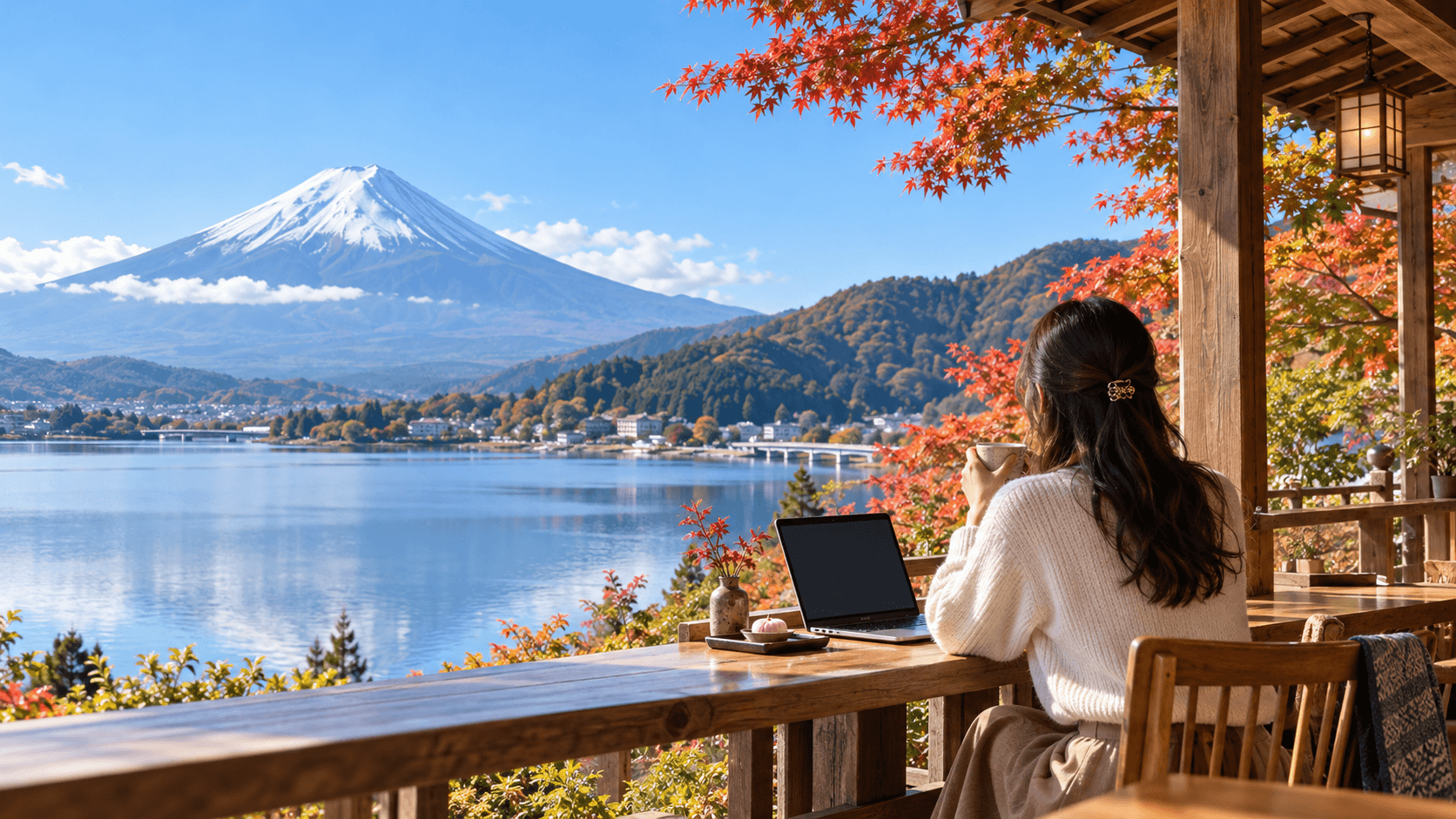 Woman seen from behind with laptop and coffee overlooking a mountain lake